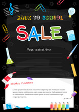 Colorful Back To School Sale Poster On Chalkboard Theme With Painting And Learning Elements