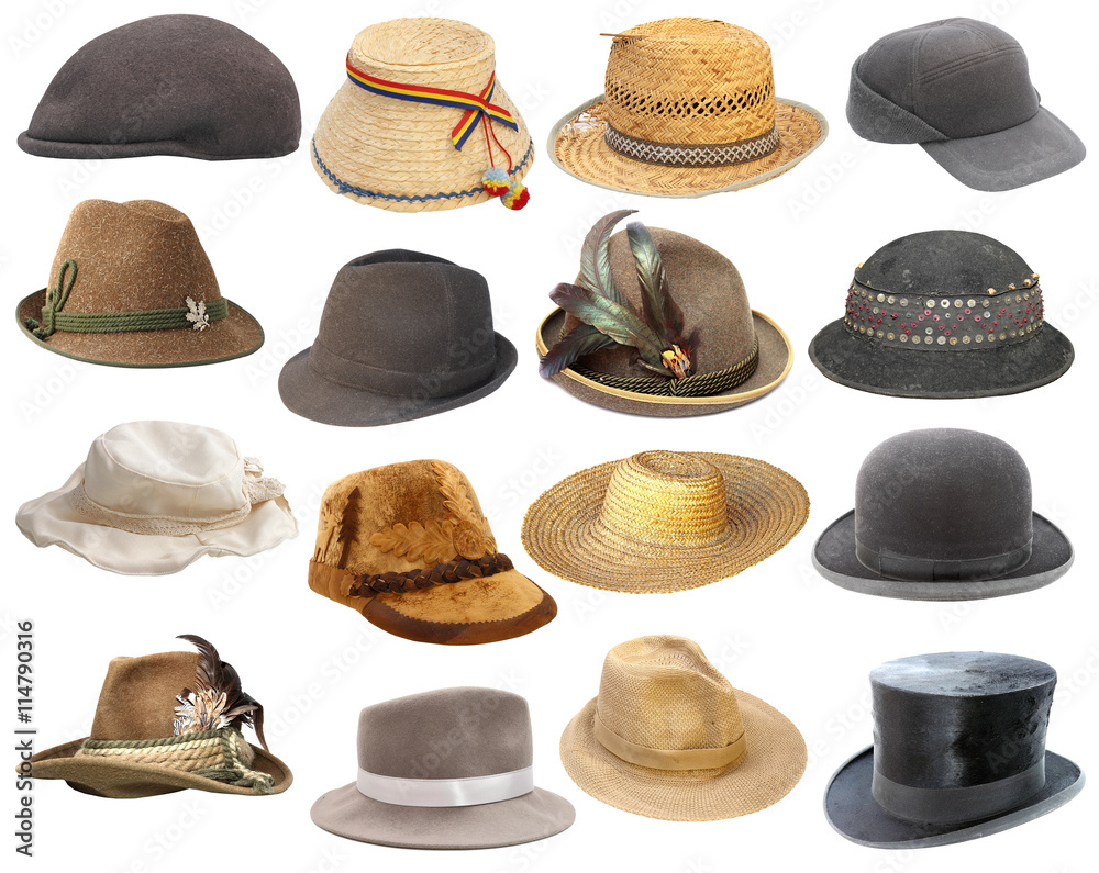 large collection of hats over white - obrazy, fototapety, plakaty 