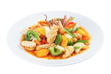 Wall Mural - Stir-fried squid with salted egg yolk isolated on white