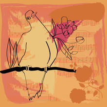 Vector Pigeon With Flowers, Sheet Music And Brush Strokes