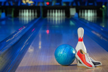 Shoes, Bowling Pin And Ball For Bowling Game