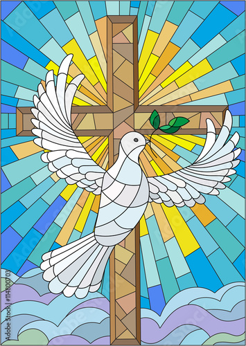 Naklejka na kafelki Illustration with a cross and a dove in the stained glass style