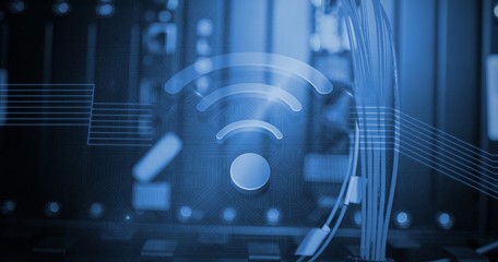 Poster - Composite image of shiny wifi icon on black background