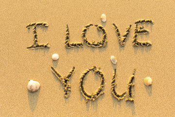 Wall Mural - I Love You - drawn by hand on a sandy golden sea beach.