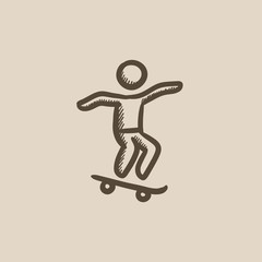 Sticker - Man riding on skateboard  sketch icon.