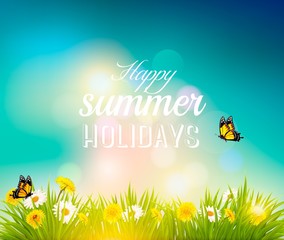 Poster - Happy summer holidays background with flowers, grass and butterf