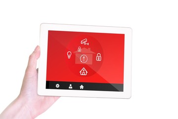 Poster - Composite image of feminine hand holding tablet
