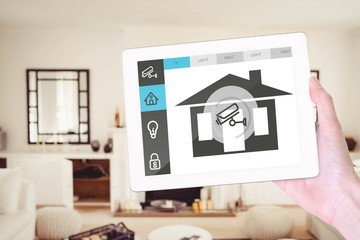 Poster - Composite image of feminine hand holding tablet
