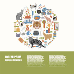 Wall Mural - Cat characters and vet care icon set flat style. Graphic templat