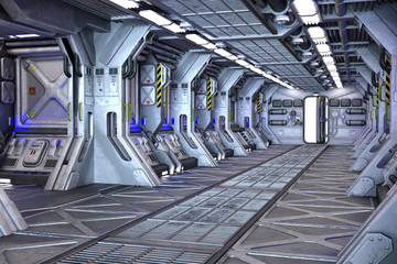 Sci-Fi corridor interior design 3d illustration