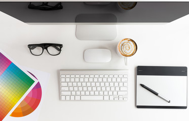 Poster - designer workspace white table on top view