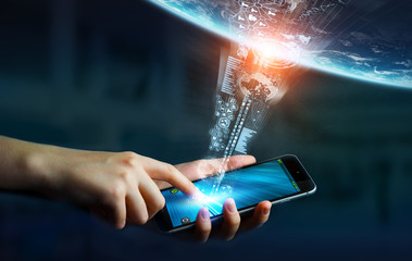 Aufkleber - Businesswoman connected his mobile phone to the world