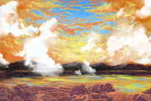 Cloudy Lake. Watercolor Style Digital Artwork