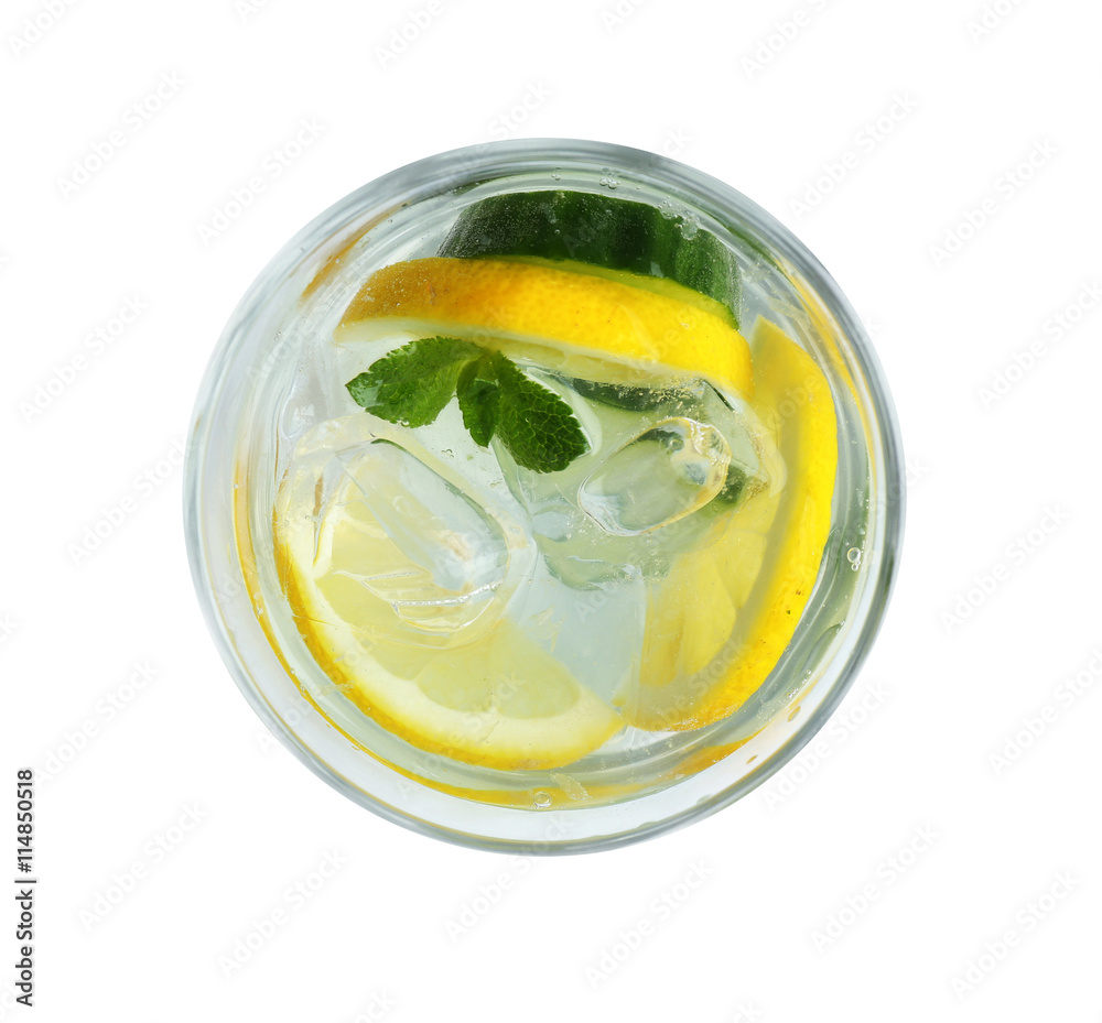 Fresh cocktail with soda, lemon and cucumber on white background