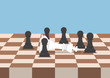 Group of black chess pawns defeat the white king