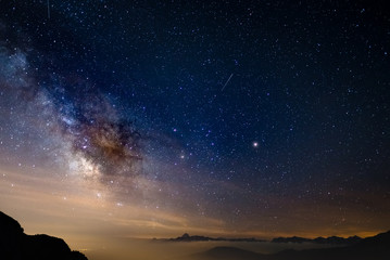 Wall Mural - the colorful glowing core of the milky way and the starry sky captured at high altitude in summertim