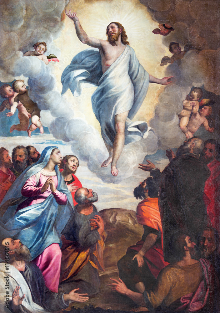 BRESCIA, ITALY - MAY 22, 2016: The painting Ascension of the Lord in church Chiesa di Santa Maria del Carmine by Bernardino Gandino (1587 - 1651). - obrazy, fototapety, plakaty 