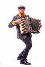 Male Singer Artist Play On Accordion On White Background