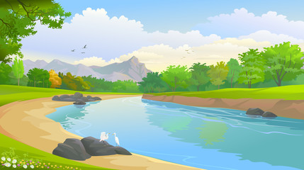 Wall Mural - A couple of lovely egrets by a beautiful blue river 