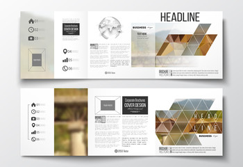 Poster - Set of tri-fold brochures, square design templates. Colorful polygonal backdrop, blurred background, nature landscape, modern stylish triangle vector texture.