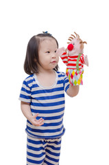 Wall Mural - Little asian girl playing with puppet over white