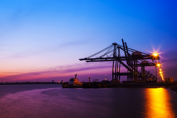 Freight dock of container crane at night