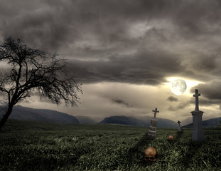 Wall Mural - Spooky Halloween graveyard with dark clouds