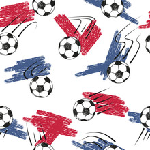 Soccer Balls Seamless Pattern With Balls And Flag Colors. Vector Championship Football Background. 