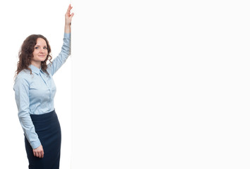 business woman with blank advertising board with copy space