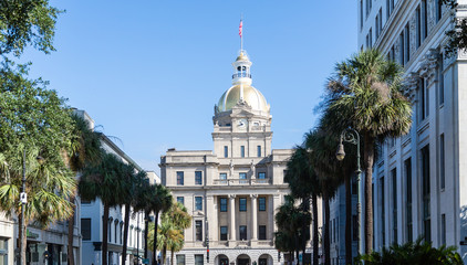 Canvas Print - Savannah City Hall Down Palm Lined Street