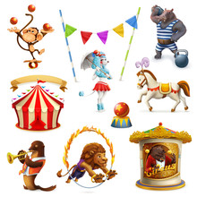 Circus, Funny Animals, Set Of Vector Icons, Mesh