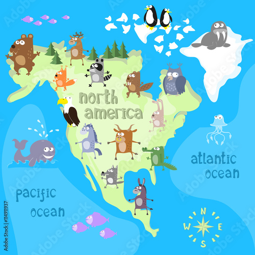 Concept Design Map Of North American Continent With Animals