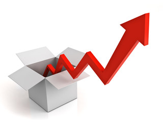 Aufkleber - Arrow graph coming from opened cardboard box isolated over white background with reflection 3D rendering