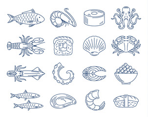 Wall Mural - Vector seafood and sushi blue icons collection