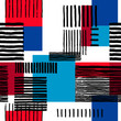 Striped geometric seamless pattern. Hand drawn uneven black stripes on colorful rectangles, free layout. Red and blue sporty tones. Textile design.
