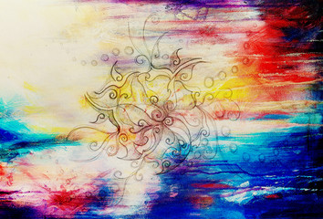 Fototapete - ornamental filigran drawing on paper with spirals, flower petals and flame structure pattern, Color effect and Computer collage.