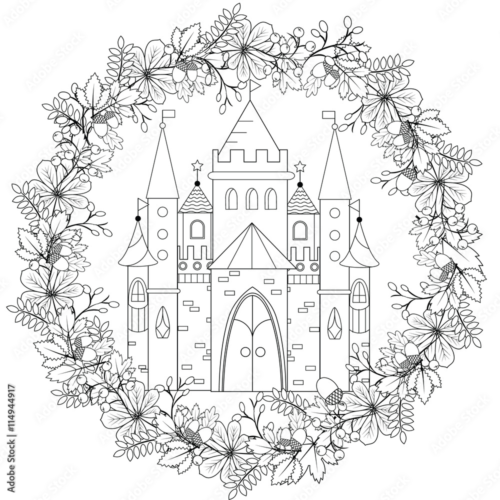 Relaxing coloring page with fairy castle in forest wreath for kids Relaxing coloring page with fairy castle in forest wreath for kids