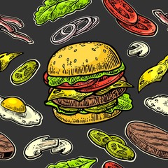 Wall Mural - Seamless pattern burger and ingredients include cutlet, tomato, cucumber and salad