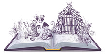 Robinson Crusoe on desert island. Open book adventure