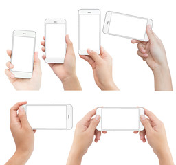 Poster - hand holding white phone isolated with clipping path on white ba