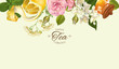 Vector vintage aromatic tea horizontal banner with citrus lemon, honey, jasmine and linden flowers. With place for text. 