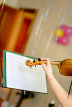 Girl Playing The Violin In The Room. Back View. Is Blurry And Soft Focus .