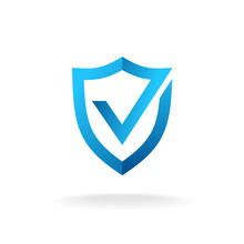 Shield With Check Mark Badge Logo. Secure Is Ok Sign. Blue Color Ribbon Style.