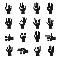 Poster - hands icons set finger counting, stop gesture, devil horns, okay, v sign vector set. human hand and 