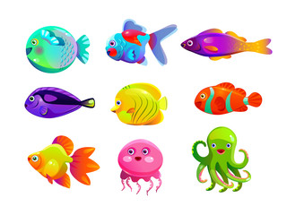 Poster - Funny cartoon colorful tropic fishes