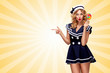 Sweet and tempting / Surprised pin-up sailor girl with a lollipop pointing aside on cartoon style background.