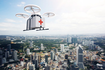 Wall Mural - photo white generic design remote control air drone flying sky medical box under urban surface.moder
