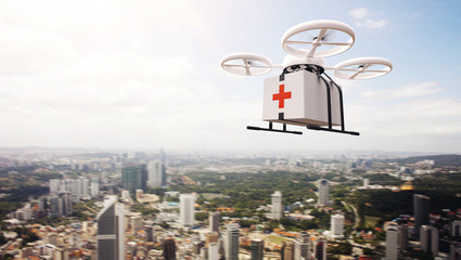 Wall Mural - photo white generic design remote control air drone flying sky medical box under urban surface.moder
