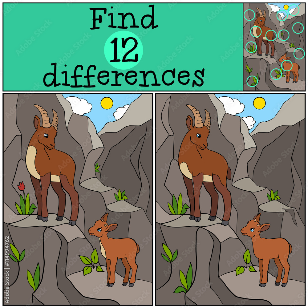 Educational game: Find differences. Mother ibex with her little Stock ...
