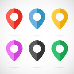 Poster - Colorful map markers and map pointers set. Red, blue, yellow, purple, black and green colors. Flat design vector illustration